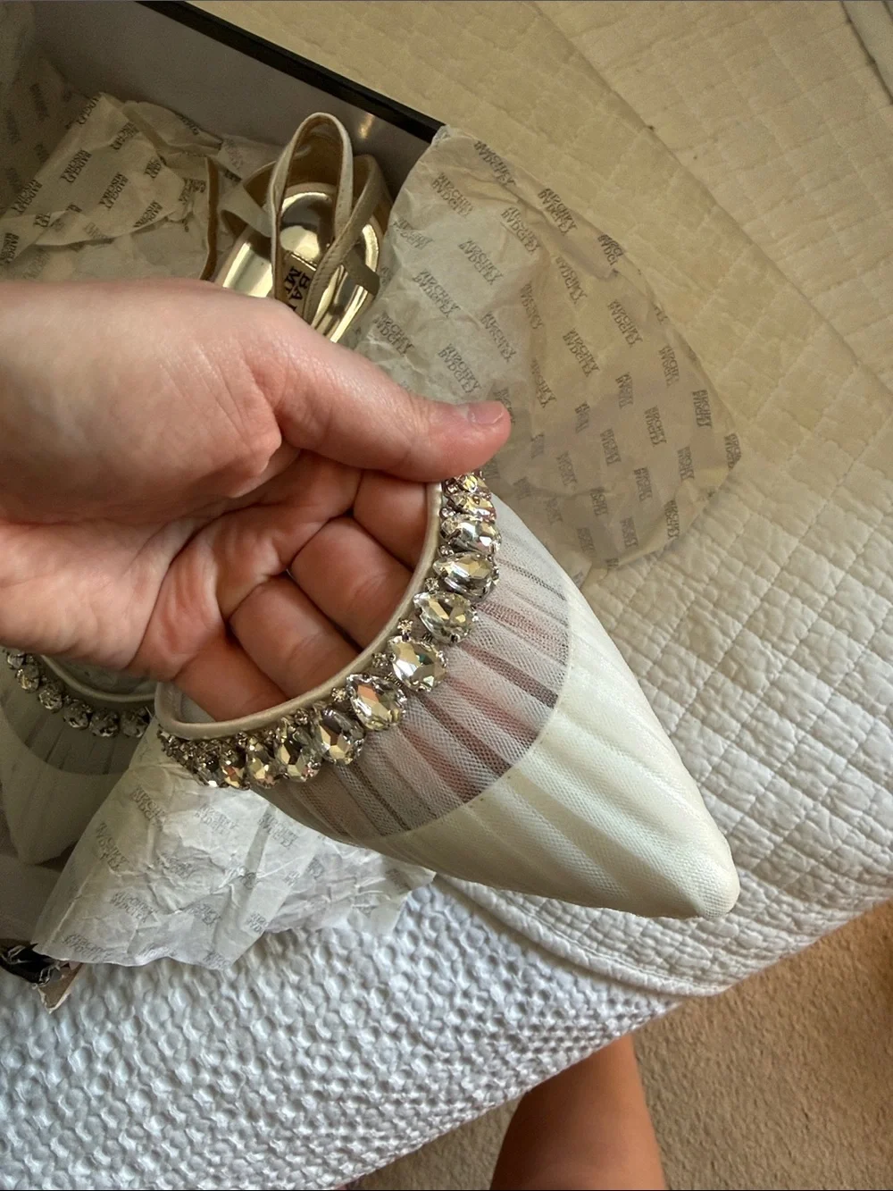 Badgley Mischka White Crystal-Embellished Pointed-Toe Slingback Flats